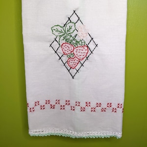 Kitchen Towel Housewarming/Hostess Gift,  Gift Hand Embroidered Hand Crocheted Strawberry Fruit for Kitchen Decor