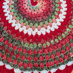 Handmade Crocheted Christmas Tree Skirt with Verigated Red, Green, and Cream Yarn