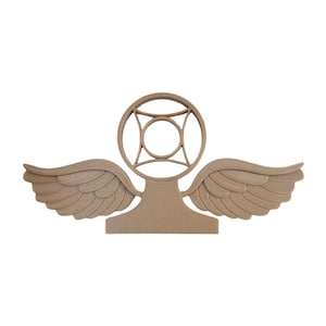 May include: A light brown, wooden angel wing design with a circular top and detailed wing features. The wings are symmetrical and spread outward from a central base. The design is set against a white background.