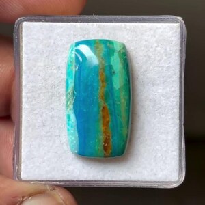 May include: A rectangular, polished gemstone featuring vibrant bands of turquoise, teal, and bright blue, accented by a distinct vertical streak of earthy brown matrix. The stone is set against a white, textured foam insert within a clear plastic case.
