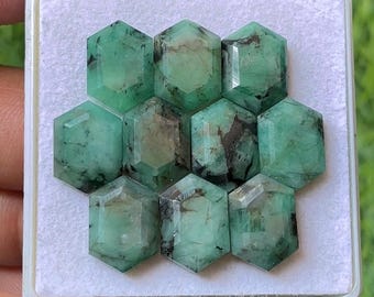 Facetterade smaragd-hexagonskivor, 10 st ädelstenslott (10 x 14 mm)