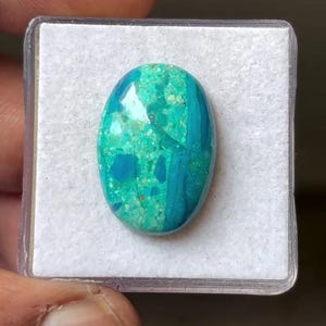 May include: An oval-shaped cabochon gemstone featuring a vibrant mix of turquoise, teal, and bright blue colors with a polished, smooth surface. The stone displays a mottled, speckled texture with distinct color variations throughout its surface.