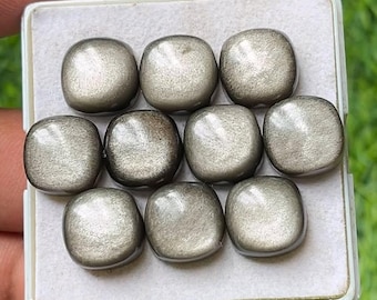 Pode incluir: Nove pedras preciosas polidas, cinza prateado, com bordas arredondadas, dispostas numa bandeja branca. As pedras têm um brilho metálico refletivo, sobre um fundo verde desfocado.