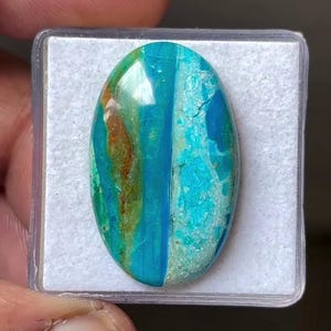 May include: An oval-shaped polished gemstone featuring a vibrant mix of turquoise, teal, and deep blue colors with distinct brown and tan mineral inclusions. The stone has a smooth, glossy surface and is displayed inside a square clear plastic case.