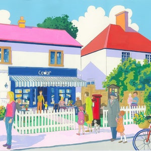 以下が含まれることがあります： 「Cedar」という名前の店と赤い郵便受けのある小さな町のシーンを描いたカラフルなイラスト。人々が歩いていて、女性が自転車に乗っています。