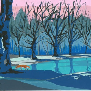 May include: A painting of a forest scene with a fox walking in the foreground. The trees are bare and the ground is covered in snow. A blue pond reflects the trees in the water.