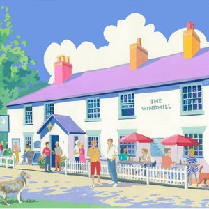 May include: A white building with a purple roof and a sign that reads "The Windmill". There are people sitting outside on a patio with red umbrellas. The building is surrounded by a white picket fence.