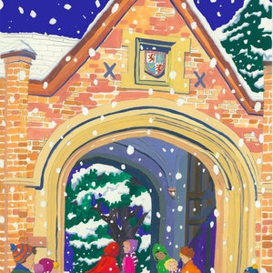May include: A brick archway with a coat of arms above the entrance.  Children in winter clothing are walking through the archway, with snow falling around them.