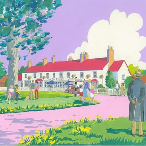 May include: A colorful illustration of a pub called "The Two Brewers" with people walking by and sitting outside. There is a large tree in the foreground with a pink path leading to the pub.