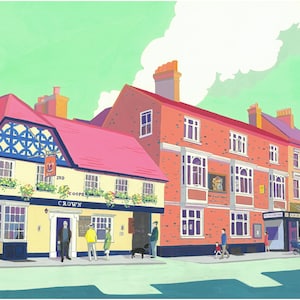 Puede incluir: Una ilustración colorida de una escena de calle con un pub llamado "The Crown Inn" en primer plano. El pub tiene un techo rosa, paredes amarillas y un letrero azul y blanco. Hay gente caminando por la acera frente al pub.