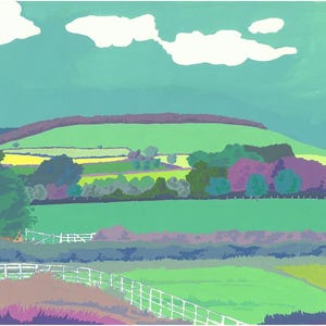 May include: A painting of a green and purple landscape with a white fence in the foreground. The sky is blue with white clouds. The hills in the distance are green and purple.