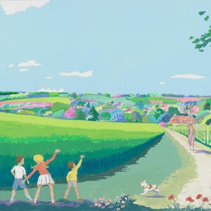 May include: A vibrant painting of a rural scene with a family and a dog on a path. Green fields and a village are in the background under a blue sky with clouds. The artwork evokes a sense of a pleasant summer day.