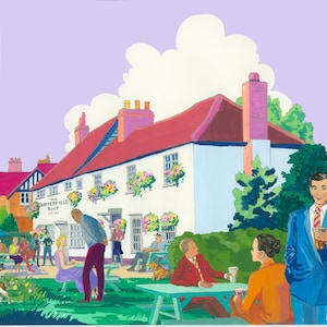 May include: A painting of a pub called "The Chippingfield Boot" with a pink boot sign. The pub has a white facade with red roof tiles and is surrounded by green trees and bushes. People are sitting at tables outside the pub, enjoying the sunny day.