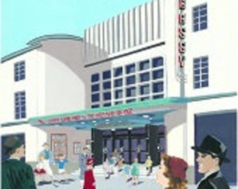 May include: A vintage illustration of a movie theater with a marquee that reads "GLENROY." People are walking into the theater, and there are cars parked in front.
