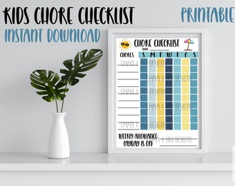 May include: Printable chore checklist with a summer theme. The checklist features a yellow sun with sunglasses, a blue umbrella, and a blue and yellow colour scheme. The days of the week are listed across the top, and the chores are listed down the side. There are spaces to write in the weekly allowance and payday.