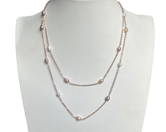 Long Pearl and Rose Gold Necklace