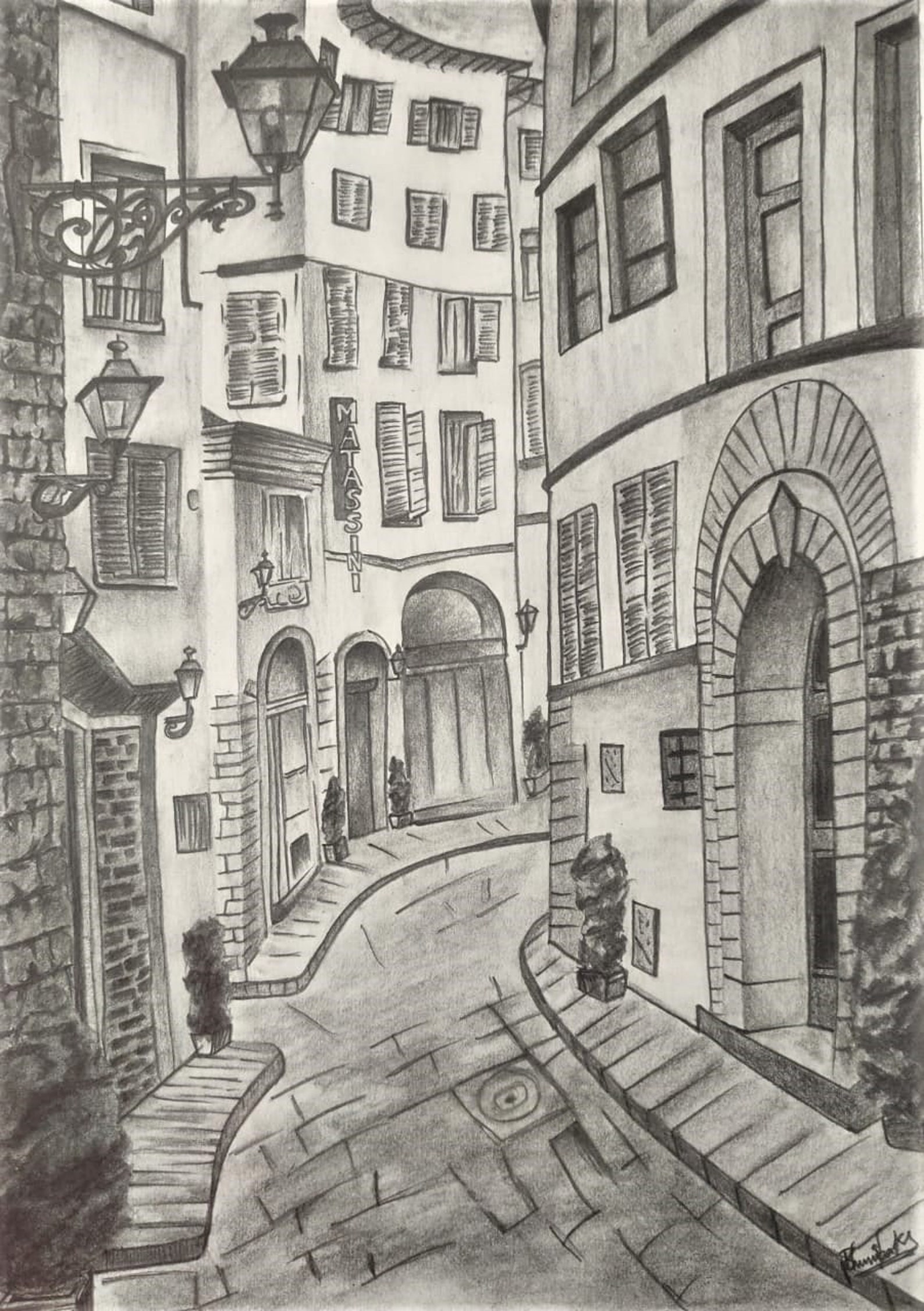 Framed Italian Street Pencil Sketch Cityscape Drawing Rome Etsy