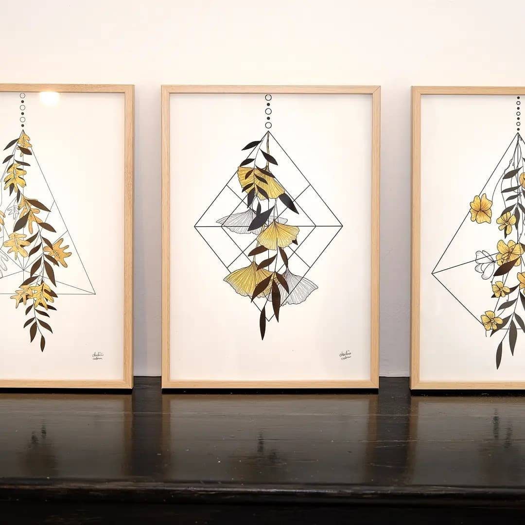 Lot de 3, Couleur Personnalisable, Géométrie Végétale Illustrée, Fait Main, Illustration, Fleurs, Pe