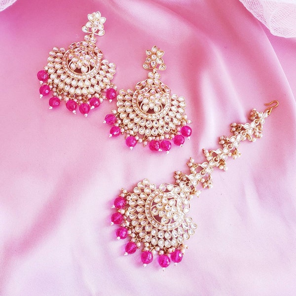 Pink Tikka set ,mang Tikka set ,pink kundan Tikka set ,Indian wedding jewelry, Indian bridesmaid, Pakistani, Tikka set,pink,statement set