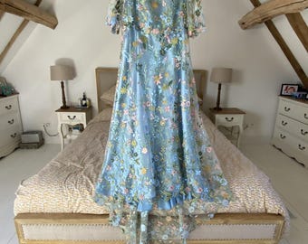Boho Coloured Embroidered Tulle Wedding Dress, Boho Wedding Dress, Alternative Wedding Dress, Flora Wedding Dress, Lace Wedding Dress