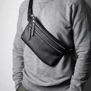 Black Leather Chest Bag, Tactical Crossbody Bag Sling