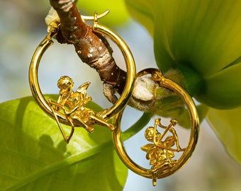 Adorable Cupid Mismatch Hoop Earrings, Ancient Greek Myth Characters: Eros and Anteros.