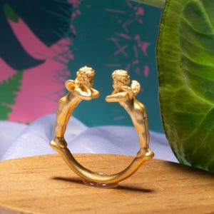 Puede incluir: Un anillo dorado con dos figuras estilizadas enfrentadas. El anillo está sobre una tapa de madera, con un tarro de vela y un libro titulado "Practical Advice Plants, Cacti" en el fondo. También se ve una gran hoja verde.