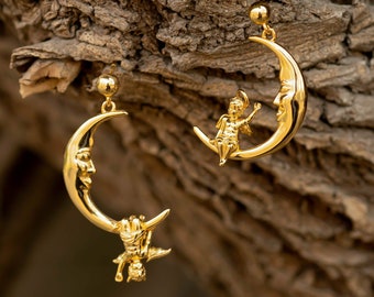 Pendientes de luna creciente de ángel y diablo - Pendientes no coincidentes, Pendientes de querubín, Pendientes celestiales, Joyas caprichosas, Pendientes Boho