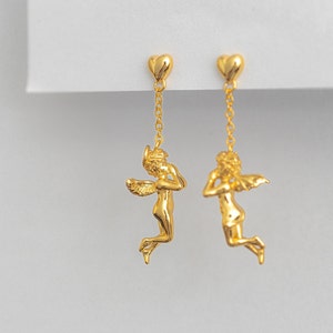 Angel and Devil Drop Earrings, Adorable Cherub Demon Earrings, Asymmetry Earrings, Vintage Style Dainty Earrings