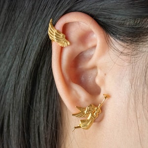 Danity Trumpet Angel Stud Earring set, Cherub Wing Ear Clip, Angel Blowing Horn Stud Earring