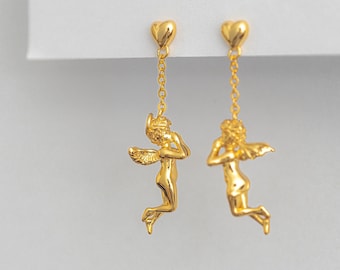 Angel and Devil Drop Earrings, Adorable Cherub Demon Earrings, Asymmetry Earrings, Vintage Style Dainty Earrings