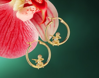 Gold Cherub Hoop Earrings: Whimsical Dab Angel, .925 Sterling Silver