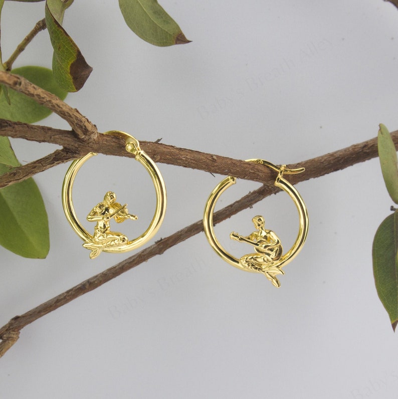 Elegant Mermaid Mismatched Hoop Earrings, Violin and Guitar retro music Jewelry. Gift for Musician and Violinist, Sterling Silver Earrings Gold