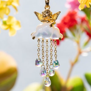 Angel On the Cloud Pendant, White Clam pearl Angel Necklace, Baby Cherub Charm, Crystal Blue Zircon Necklace, Celestial Aesthentic Necklace