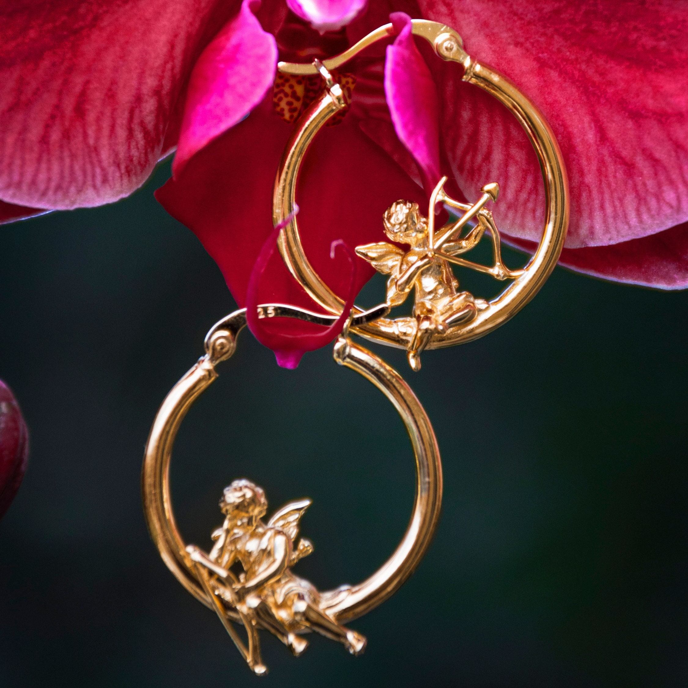 Adorable Cupid Mismatch Hoop Earrings, Ancient Greek Myth Characters: Eros and Anteros.