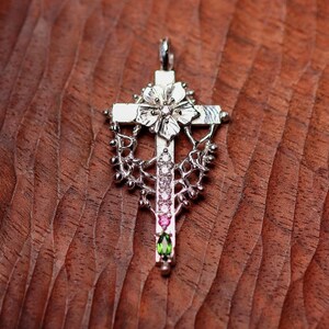 925 Silver Handmade Lace Floral Cross Pendant with Multi-Colored Stones