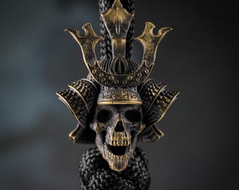 Samurai Helmet Skull Paracord Bead – Handmade Brass Bushido Warrior EDC Knife Lanyard Charm
