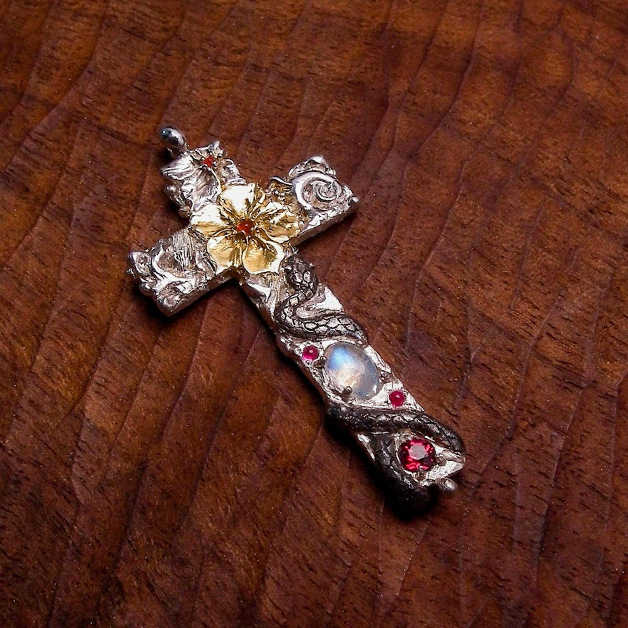 Snake Entwined Cross Pendant | Hand-Inlaid Natural Stone | Boho Dark Ethical Jewelry
