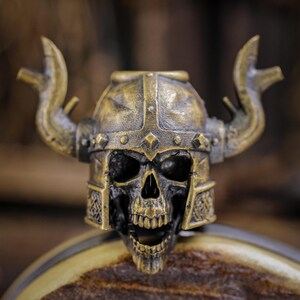 May include: A detailed, antique-style skull wearing a Viking helmet with curved horns. The skull is bronze-colored with intricate details, including a detailed helmet and open mouth. The background is blurred, emphasizing the skull's features.