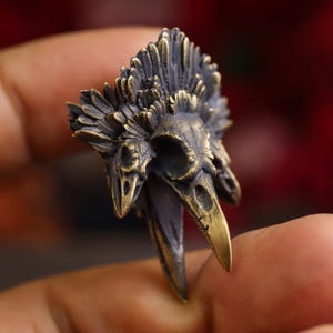 May include: A metallic ring featuring a detailed bird skull design with an ornate, fan-like crest of feathers extending from the top. The piece has a dark, oxidised finish with polished gold-toned highlights on the beak and feather edges.
