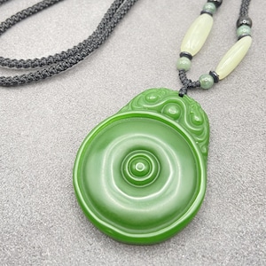 Green Jade Charm Pendant Necklace | Handmade Carved Gemstone | Beaded Cord Chain | Natural Jade Amulet Jewelry Gift for Him or Her