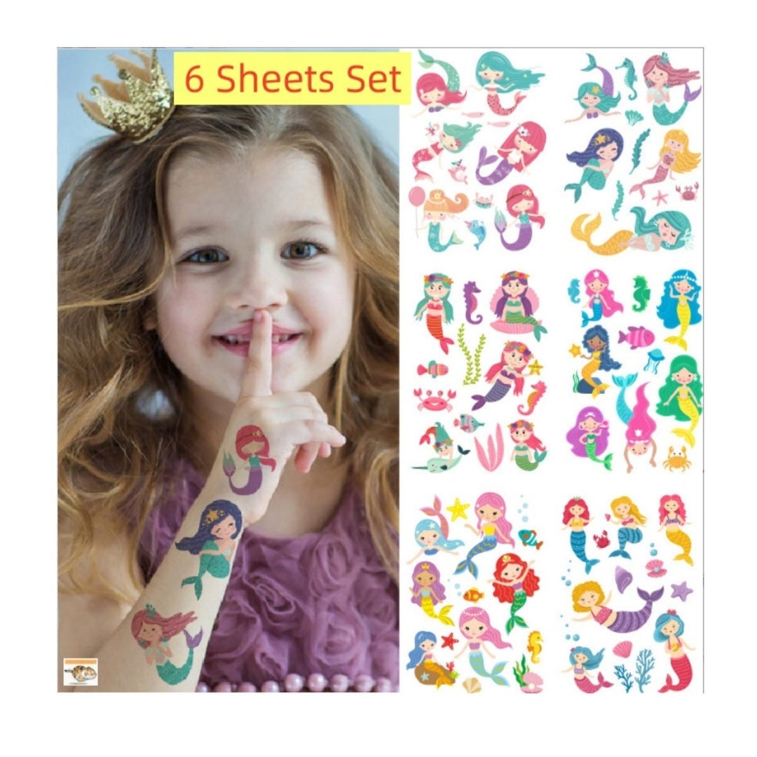 6 Sheets Temporary Tattoos Stickers Waterproof Cute Mermaid Etsy