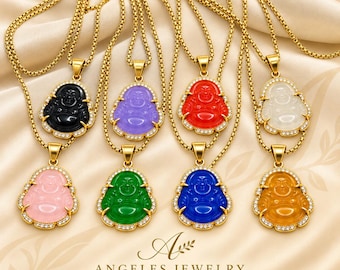 Jade Buddha Pendant Necklace | 18K Gold Plated Charm, Spiritual Amulet