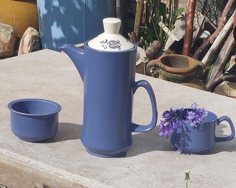 Vintage Palissy Coffee pot, milk jug and sugar bowl. Beautiful blue colour with striking white patterned lid.