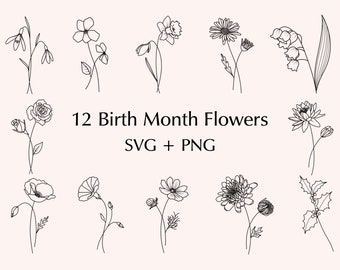 Birth Month Flowers SVG PNG Bundle, Hand Drawn Flowers, Birthday Flowers, Flower Clipart