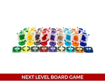 May include: A set of 16 colorful game pieces with white flags and different colored bases. The flags have a white design on them. The bases are arranged in a row on a white surface. "Next Level Board Game" is written in red letters on a white background.