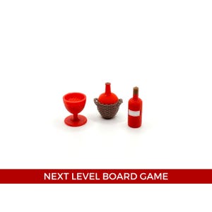 May include: A red wine glass, a red wine bottle, and a red wine jug in a woven basket. The items are all miniature and made of plastic.