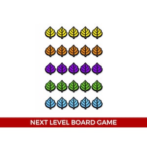 May include: Twenty-five small leaf-shaped tokens arranged in five rows of five, featuring yellow, orange, purple, green, and blue colors with black outlines. Below the tokens, a red horizontal bar displays the text NEXT LEVEL BOARD GAME.