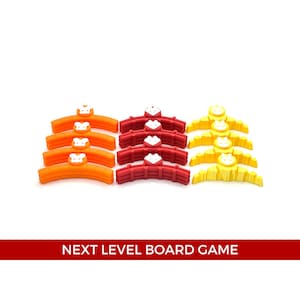May include: A set of 12 colorful plastic game pieces, featuring a fox design. The pieces are in three colors: orange, red, and yellow.  The pieces are shaped like arches and are designed for a board game.