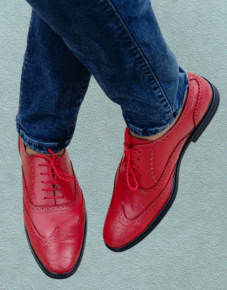 Fullyhand made red pure leather oxford shoes